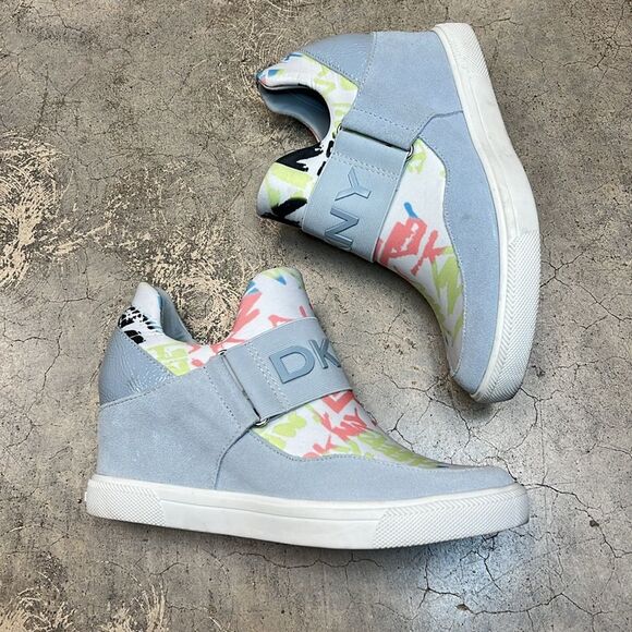 DKNY light blue wedge sneakers with center green pink, and white graphics - Picture 2 of 11